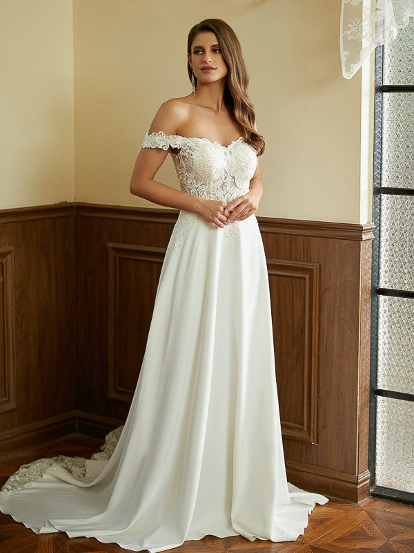 Wholesale A-Line/Princess Stretch Crepe Lace Off-the-Shoulder Short Sleeves Court Train Wedding Dresses